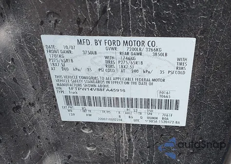 2008 Ford F-150 Fx4/Lariat/Xlt z USA, uszkodzony, nr VIN 1FTPW14V88FA45916